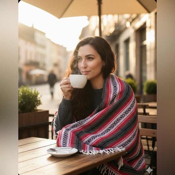 Handmade Other - Mexican Sarape Blanket Striped Light Grey, Red and Black Blanket Shawl Full size